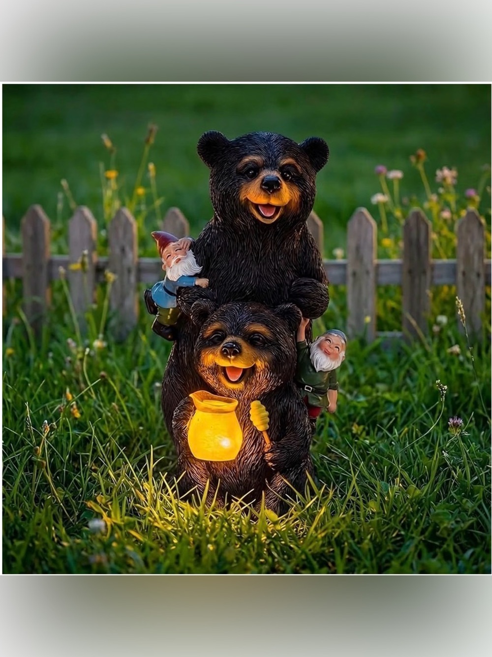 Solar powered Black Bear Lantern Garden Statue with Warm Honey Jar Light